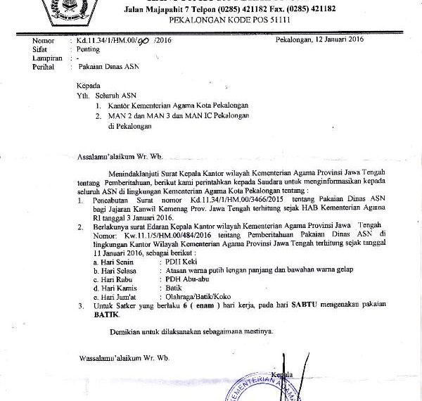 Edaran Pakaian Dinas ASN Kemenag