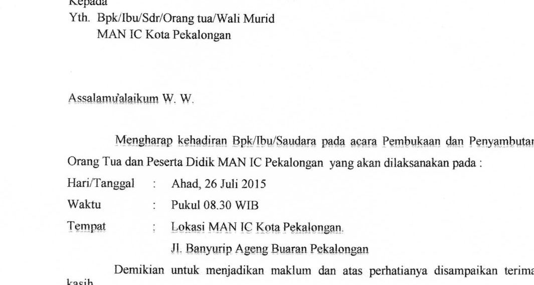 Undangan Pembukaan dan Penyambutan Orang Tua dan Peserta Didik MAN IC Pekalongan