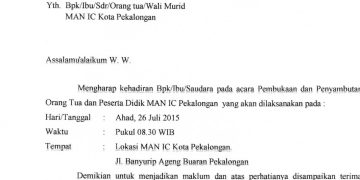 Undangan Pembukaan dan Penyambutan Orang Tua dan Peserta Didik MAN IC Pekalongan