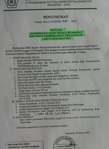 Pengumuman tentang Penerimaan  Calon Tenaga Keamanan MAN Insan Cendekia Kota Pekalongan TA. 2015.
