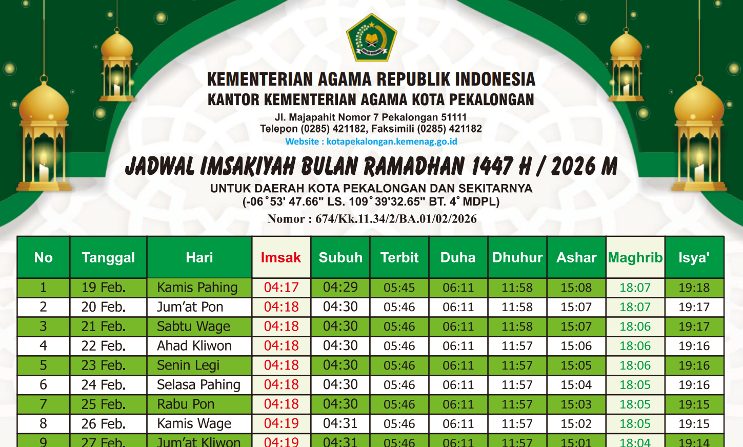 Jadwal Imsakiyah Bulan Ramadhan 1447 H